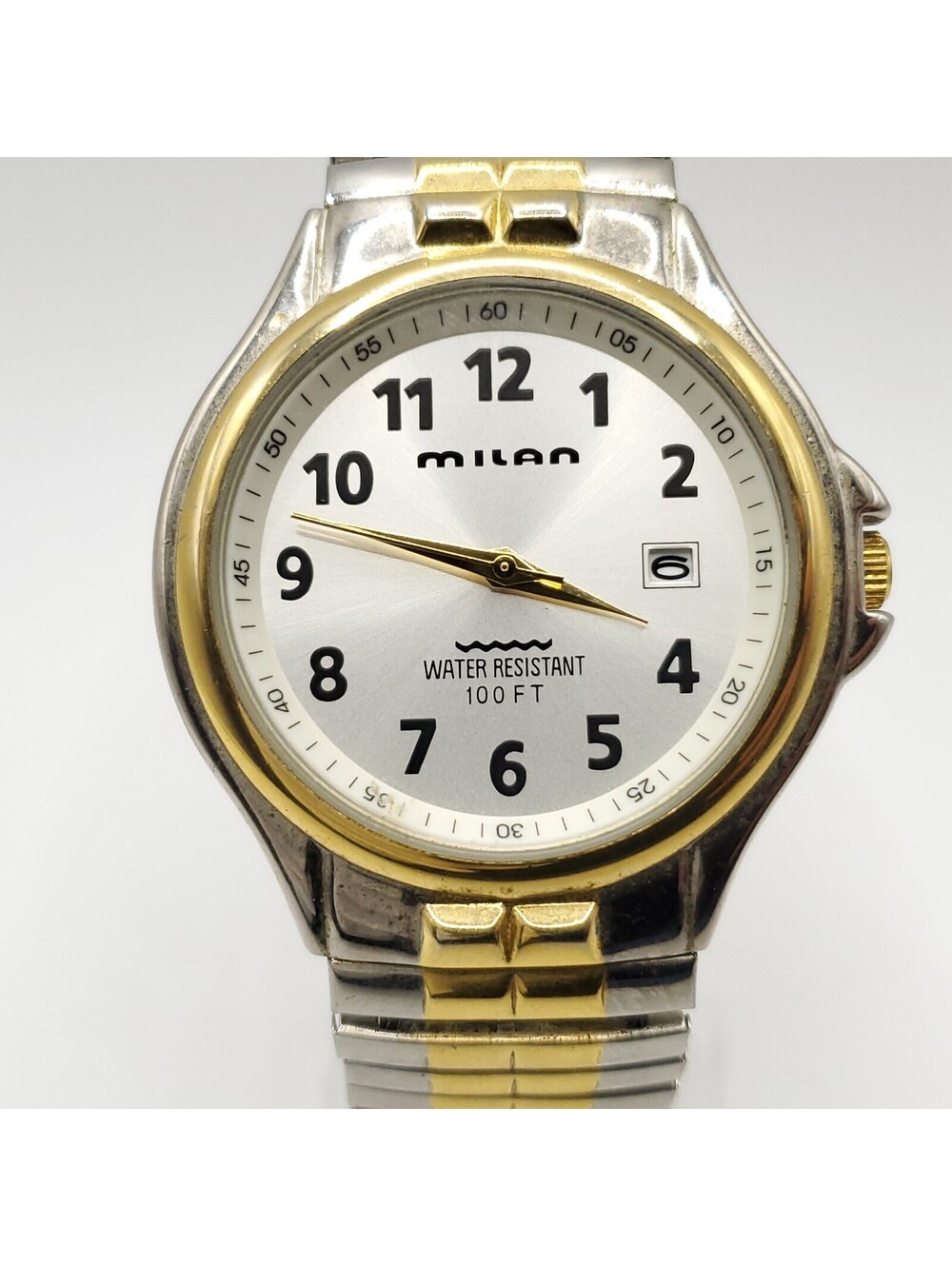 Milan Mens Watch 39mm Two-Tone Expandable Band Silver Date Dial New Battery